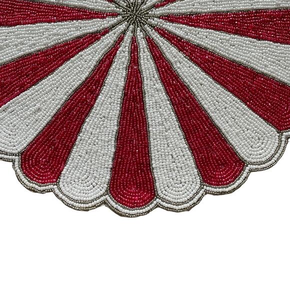 TIRAMISU Hand Beaded Placemat Charger 15in Holiday Red & White Candy Stripe NEW - Picture 3 of 12